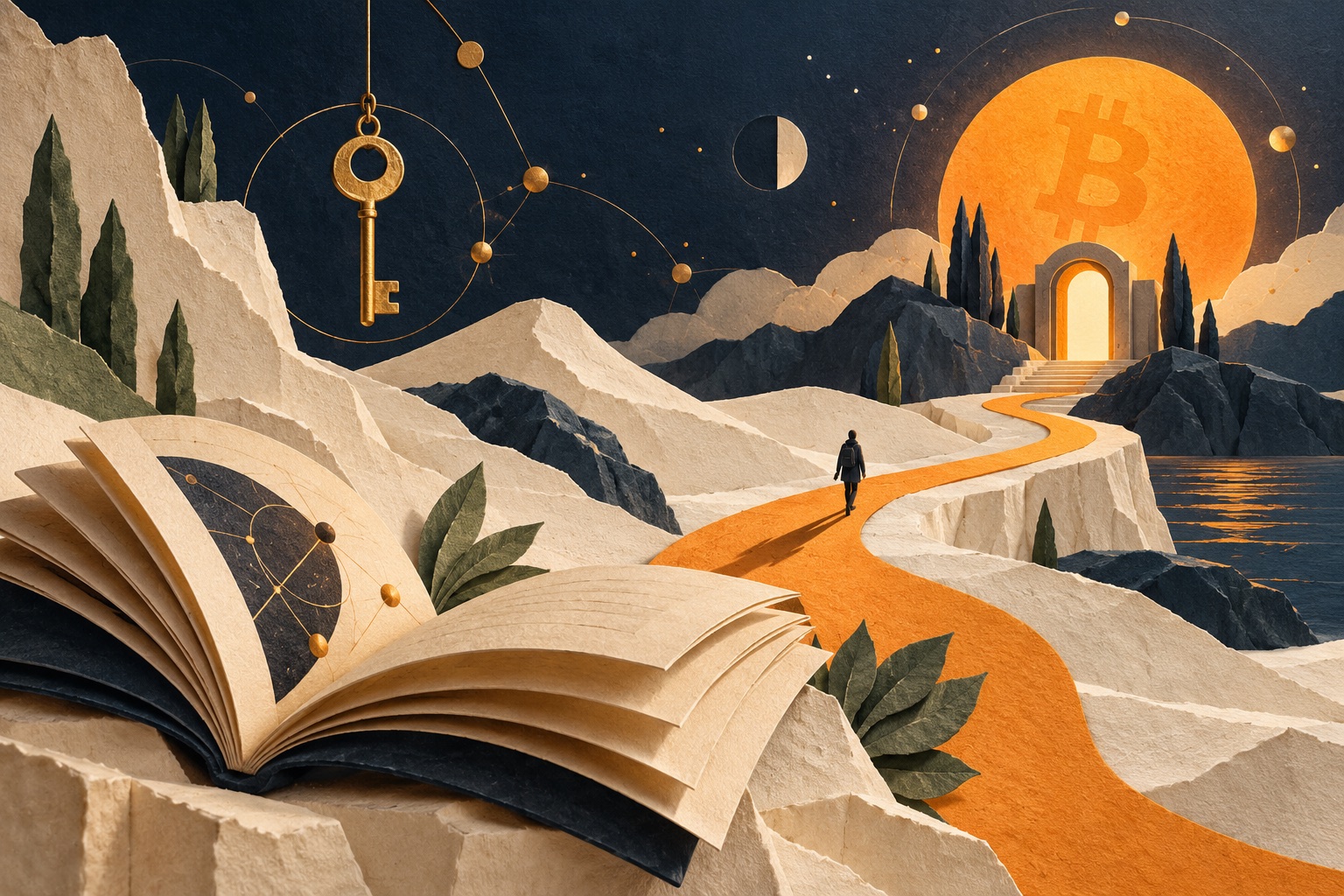 An illustrated orange path winds from an open book toward a sunlit doorway, with a key and connected stars overhead.