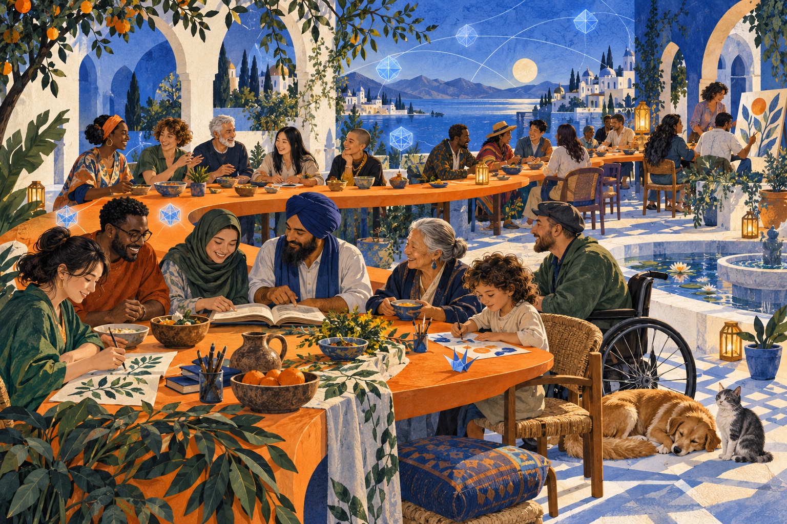 An imagined blue courtyard where people of different generations share a long orange table, food, an open book and creative work.