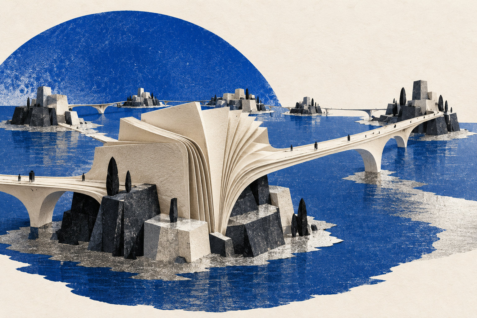 Layered cobalt bridges connect an open ledger across a paper landscape.