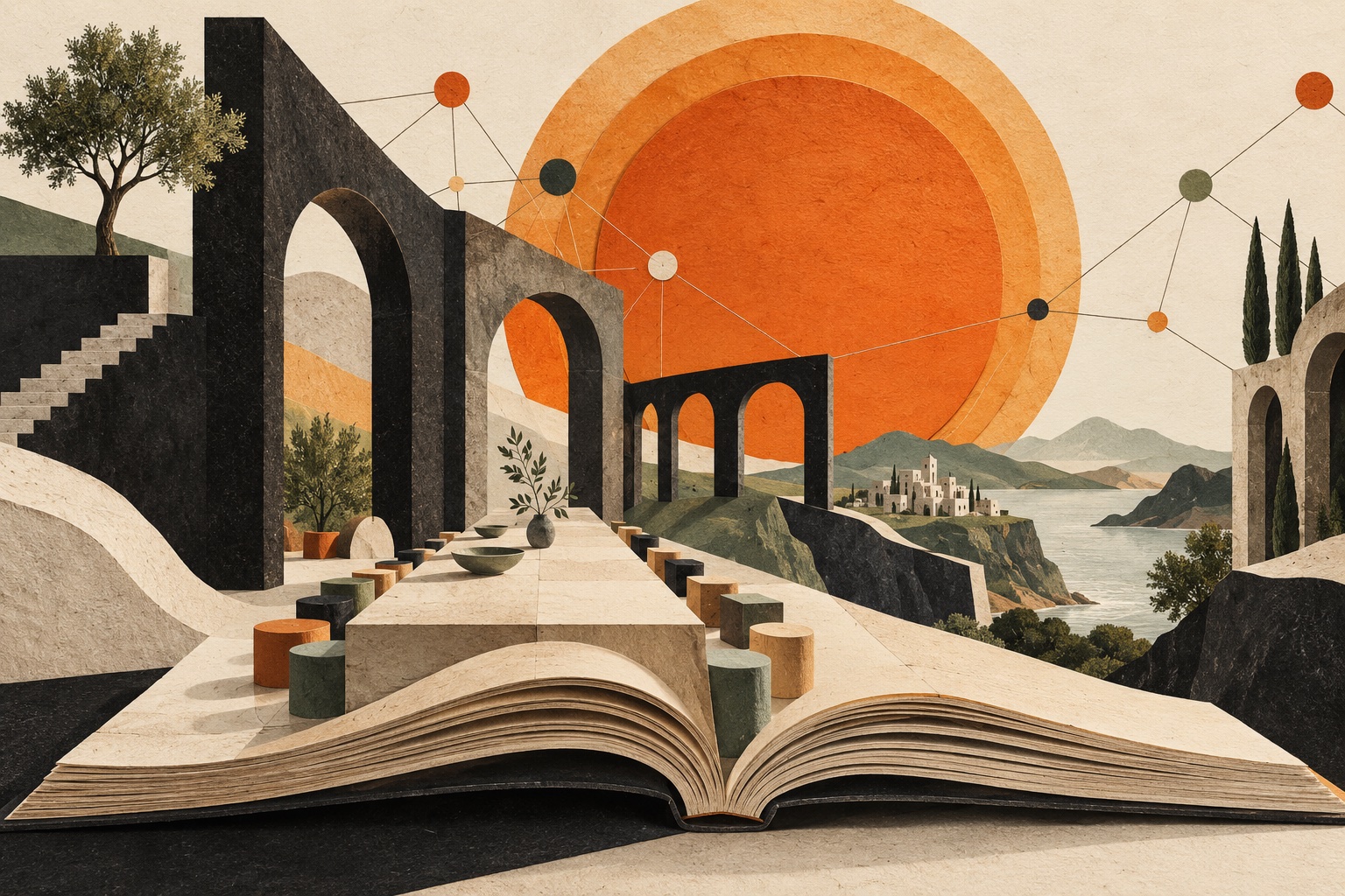 An open book becomes a communal table beneath ink arches and a paper sun.