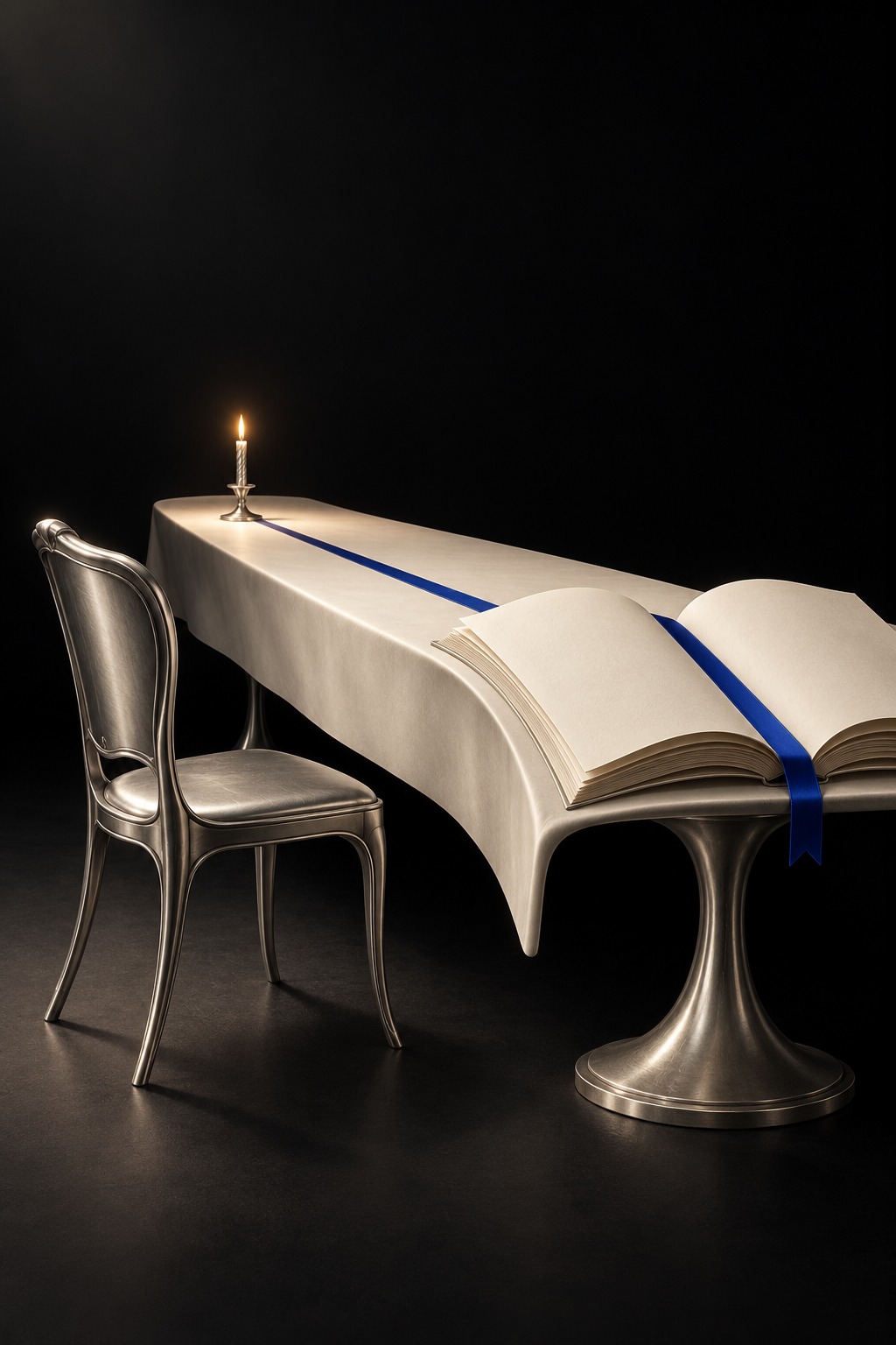 A silver chair and a blank open book invite another contributor to a long table.