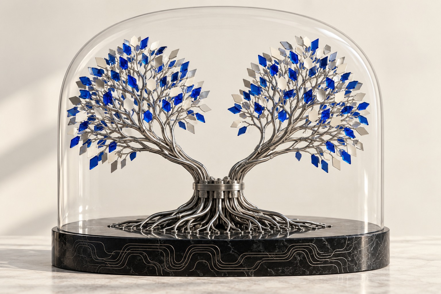 One metallic root divides into two separate branching structures, illustrating shared work and distinct systems.