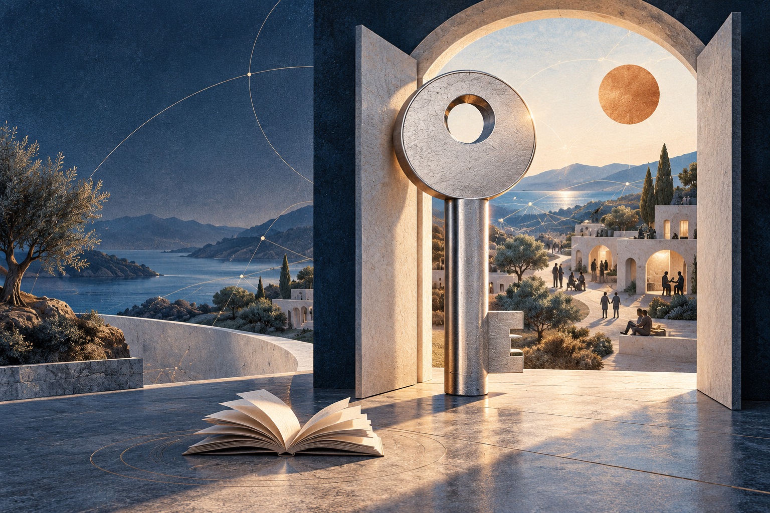 A silver key stands in an open doorway overlooking a community, with an open book and fine network lines.